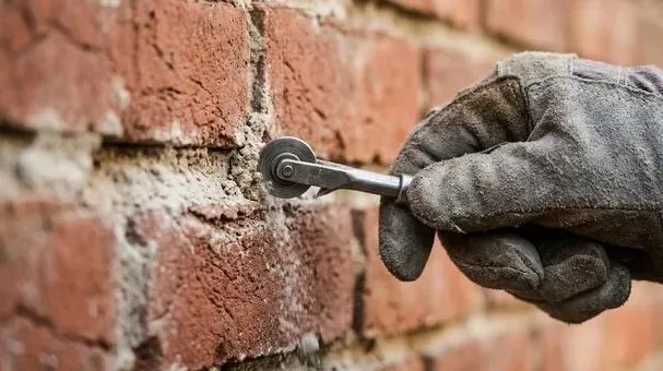 Mortar joints tooled on a backyard brick BBQ