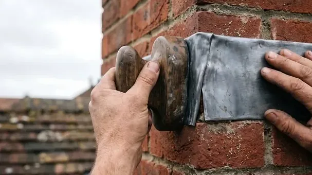 Flashing being pressed against chimney brick to stop a roof leak