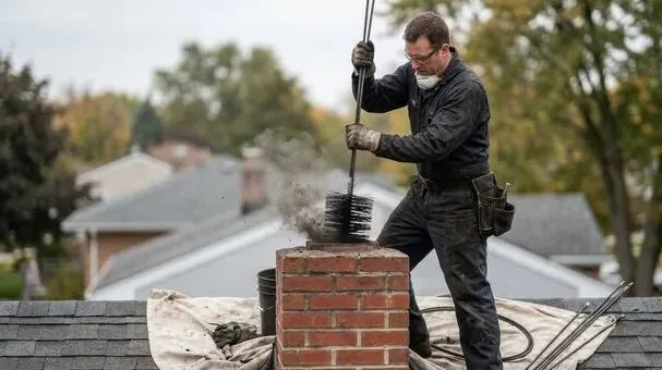 Chimney sweep brushing a brick chimney on a Diablo Valley roof