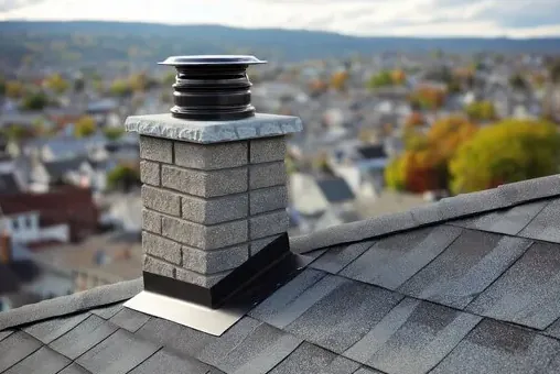 Stone chimney with cap on a Clayton roof