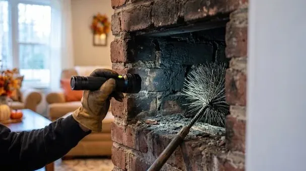 Technician checking a fireplace with a flashlight before an insert install
